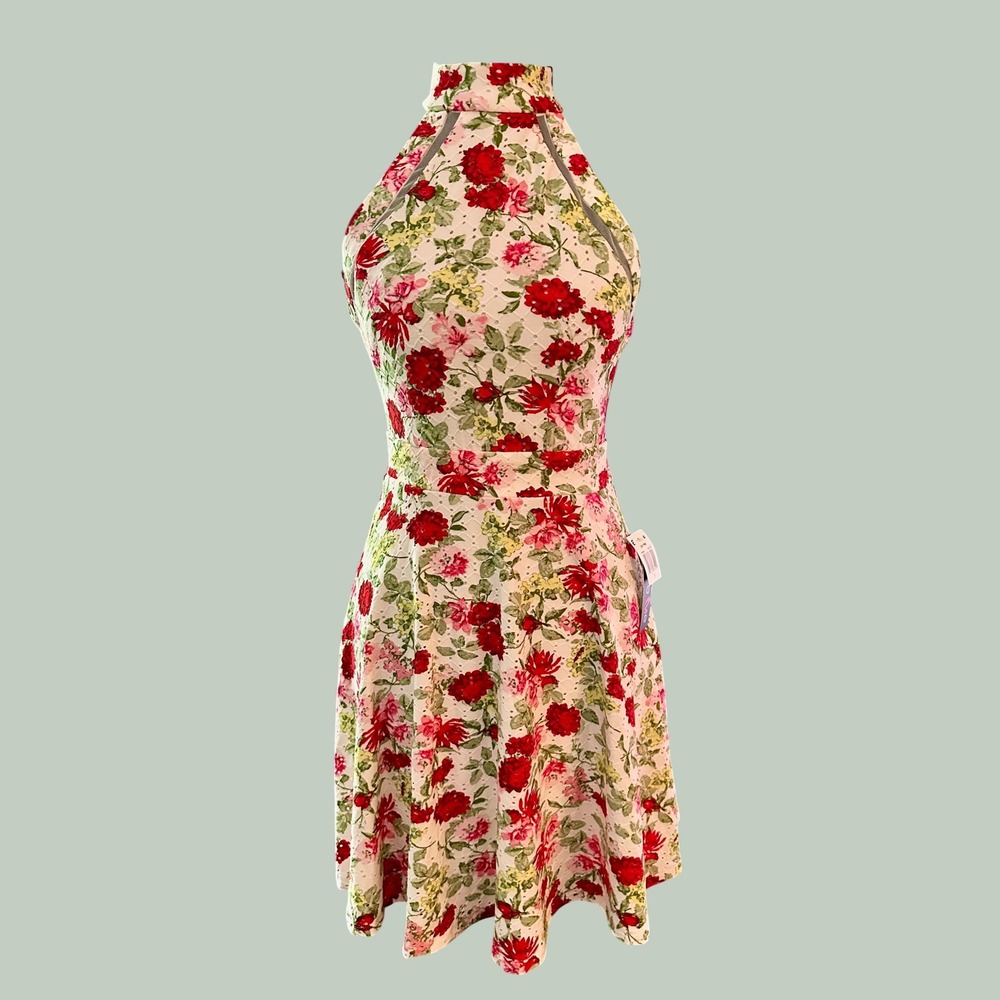Teeze Me Floral Eyelet Halter Dress Ivory Red Strappy Back Size 1 NWT